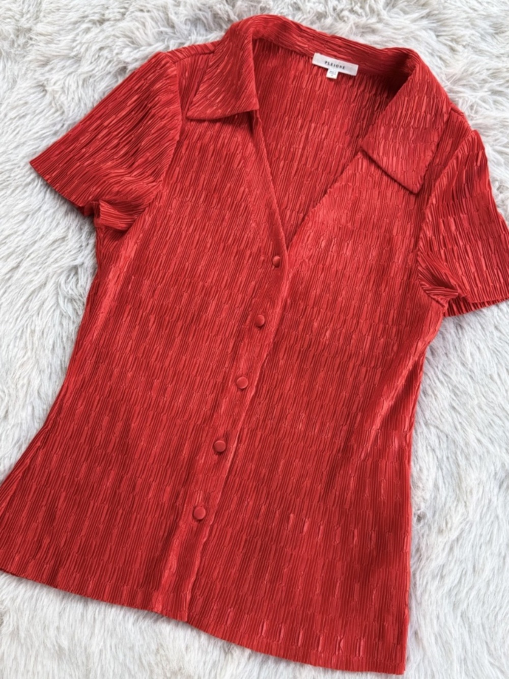 Pleione Textured Button-Up Blouse Red Collared Stretch Top Office Siren Size M